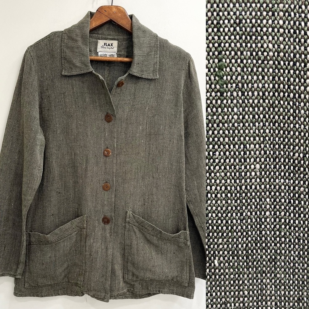 Vintage Flax By Jeanne Engelhart Multi Color Plaid Linen Jacket Long Line Small